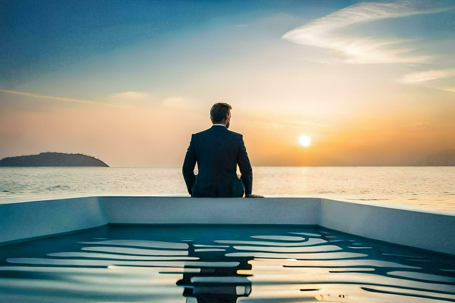 un' uomo nel un' completo da uomo si siede su un' barca guardare su a il oceano. ai-generato foto