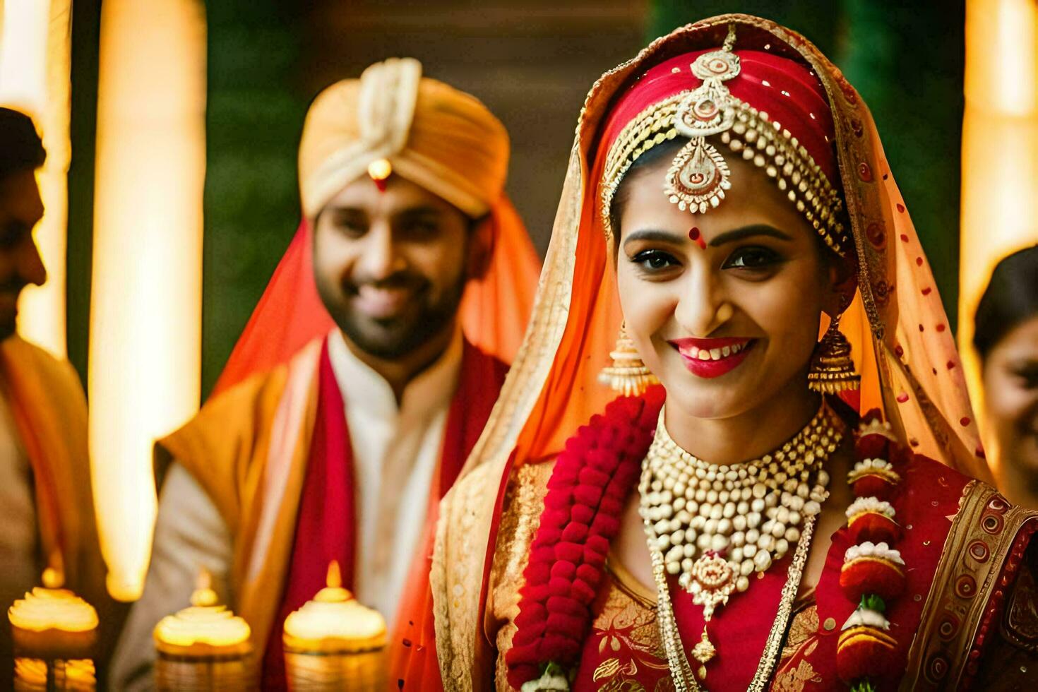 un' sposa e sposo nel tradizionale indiano abbigliamento. ai-generato foto