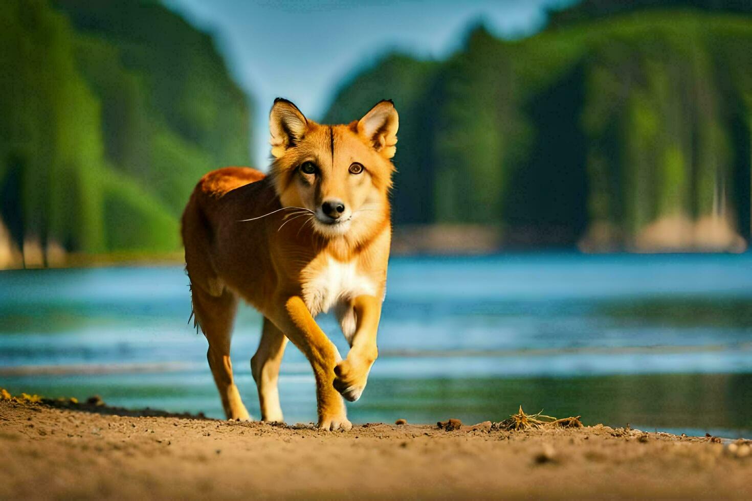 un' dingo è a piedi lungo il riva di un' lago. ai-generato foto
