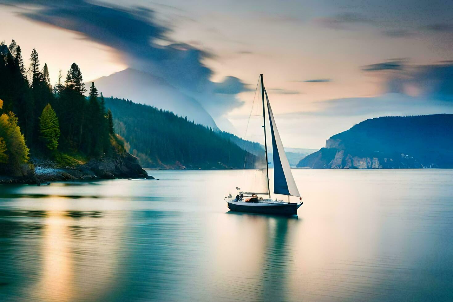 un' barca a vela nel il mezzo di un' lago. ai-generato foto