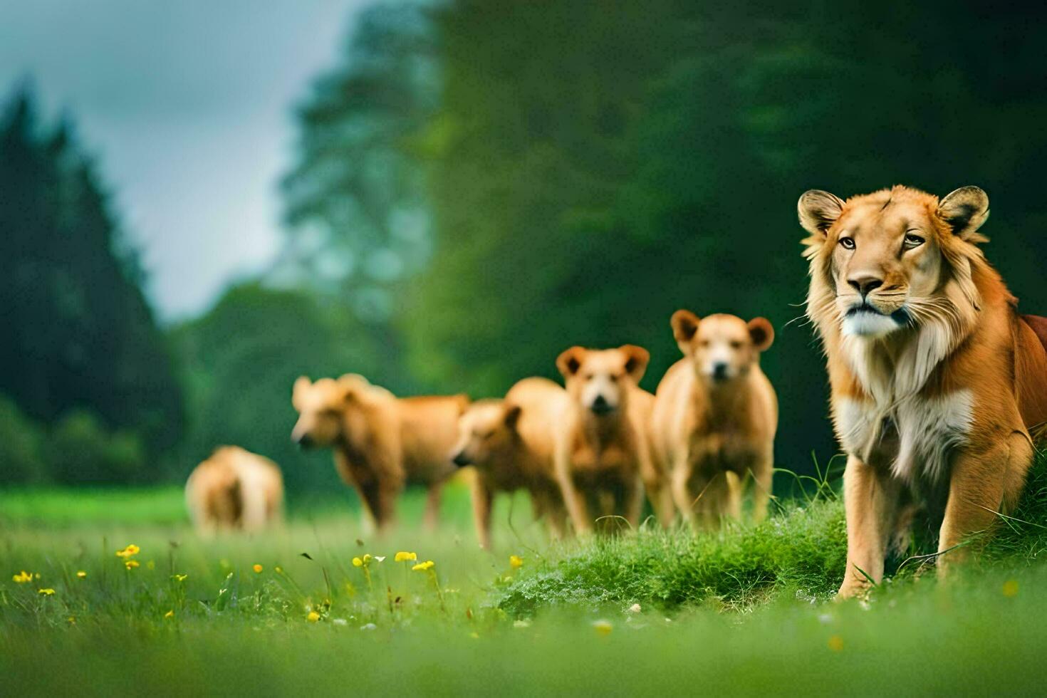 un' gruppo di leoni nel un' campo. ai-generato foto