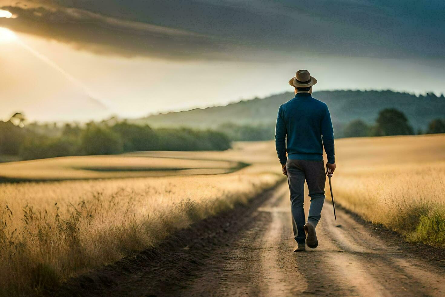 uomo a piedi su un' sporco strada nel il mezzo di un' campo. ai-generato foto