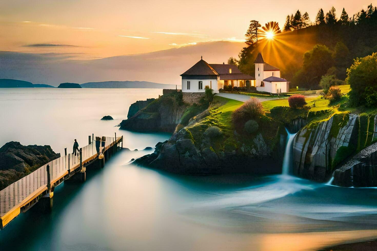 un' Casa su il riva di un' lago con un' cascata. ai-generato foto