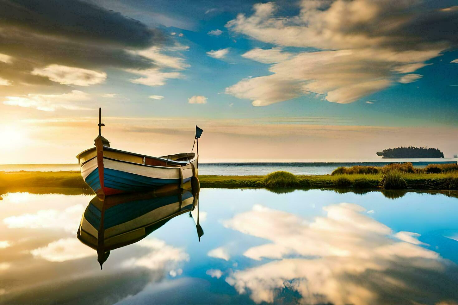 un' barca si siede su il riva a tramonto. ai-generato foto