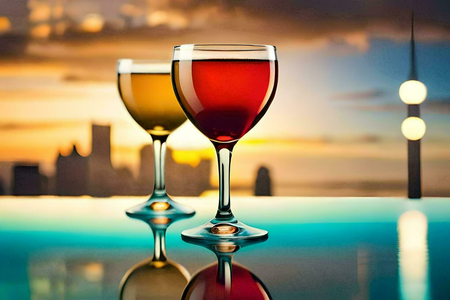 Due bicchieri di vino su un' tavolo con un' città orizzonte nel il sfondo. ai-generato foto