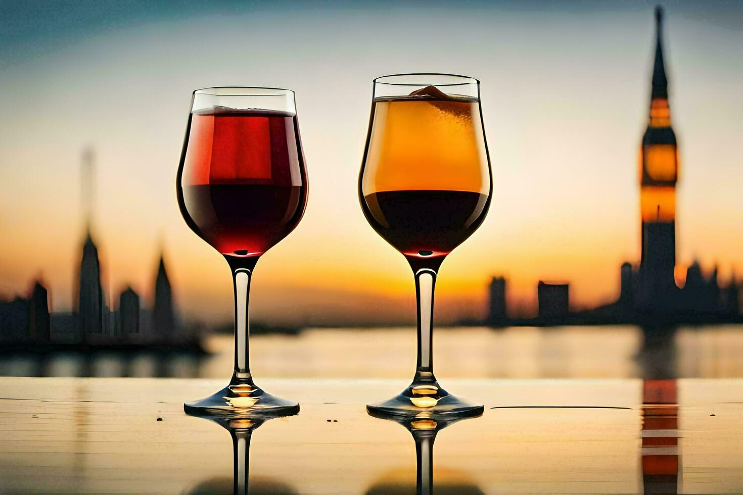 Due bicchieri di vino con un' Visualizza di il città. ai-generato foto