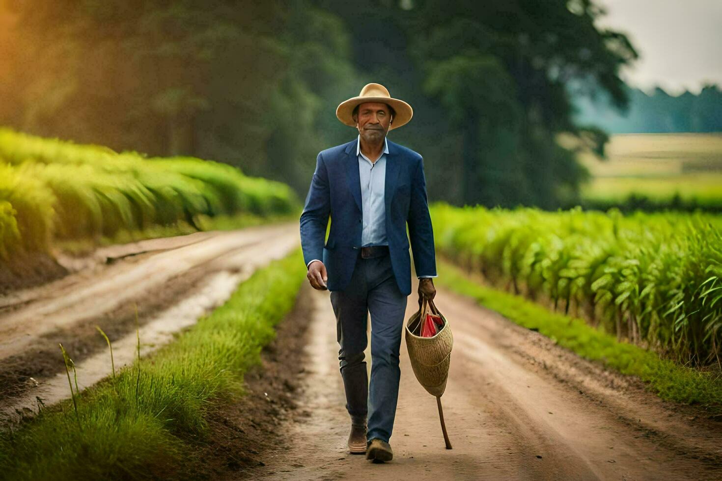 un' uomo nel un' completo da uomo e cappello a piedi giù un' sporco strada. ai-generato foto