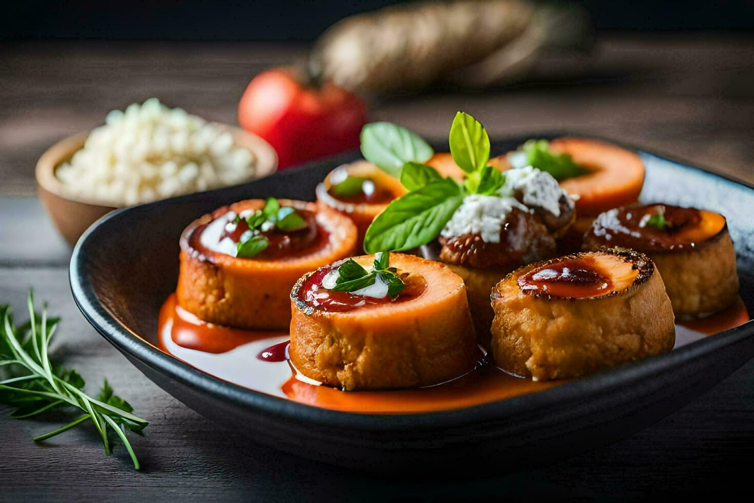 un' piatto di cibo con Polpette e salsa. ai-generato foto