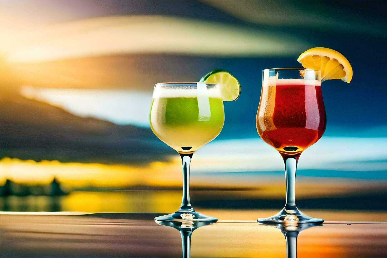 Due bicchieri di cocktail con un' tramonto nel il sfondo. ai-generato foto