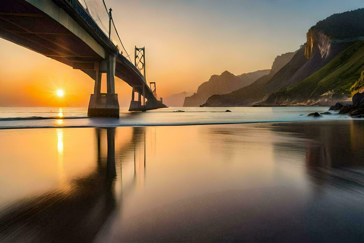 il sole imposta al di sopra di un' ponte su il spiaggia. ai-generato foto