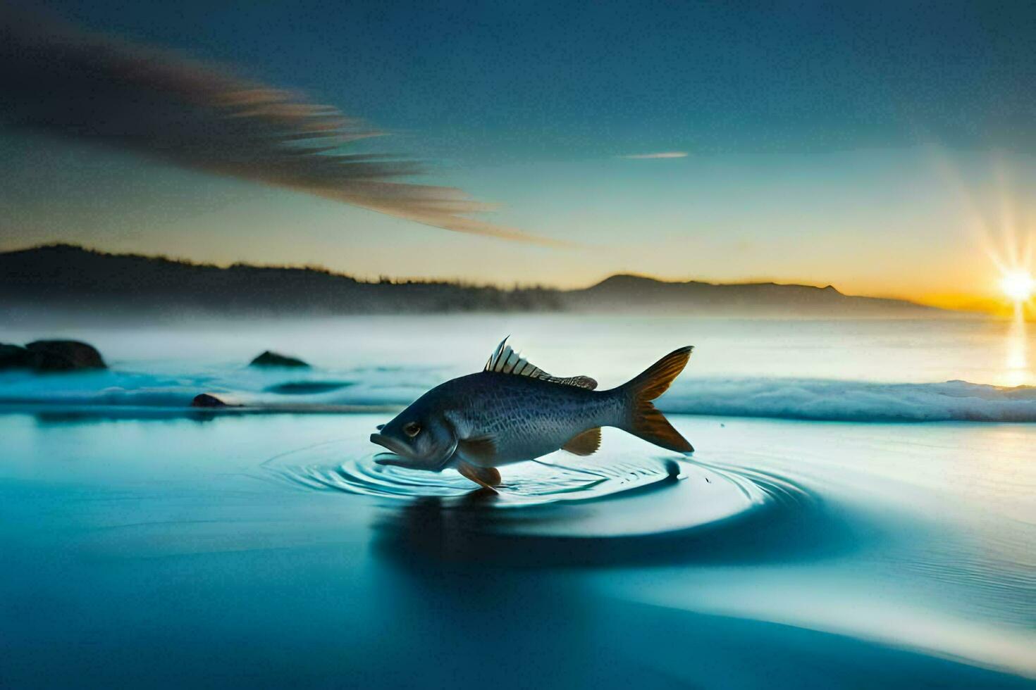 un' pesce è nuoto nel il oceano a tramonto. ai-generato foto