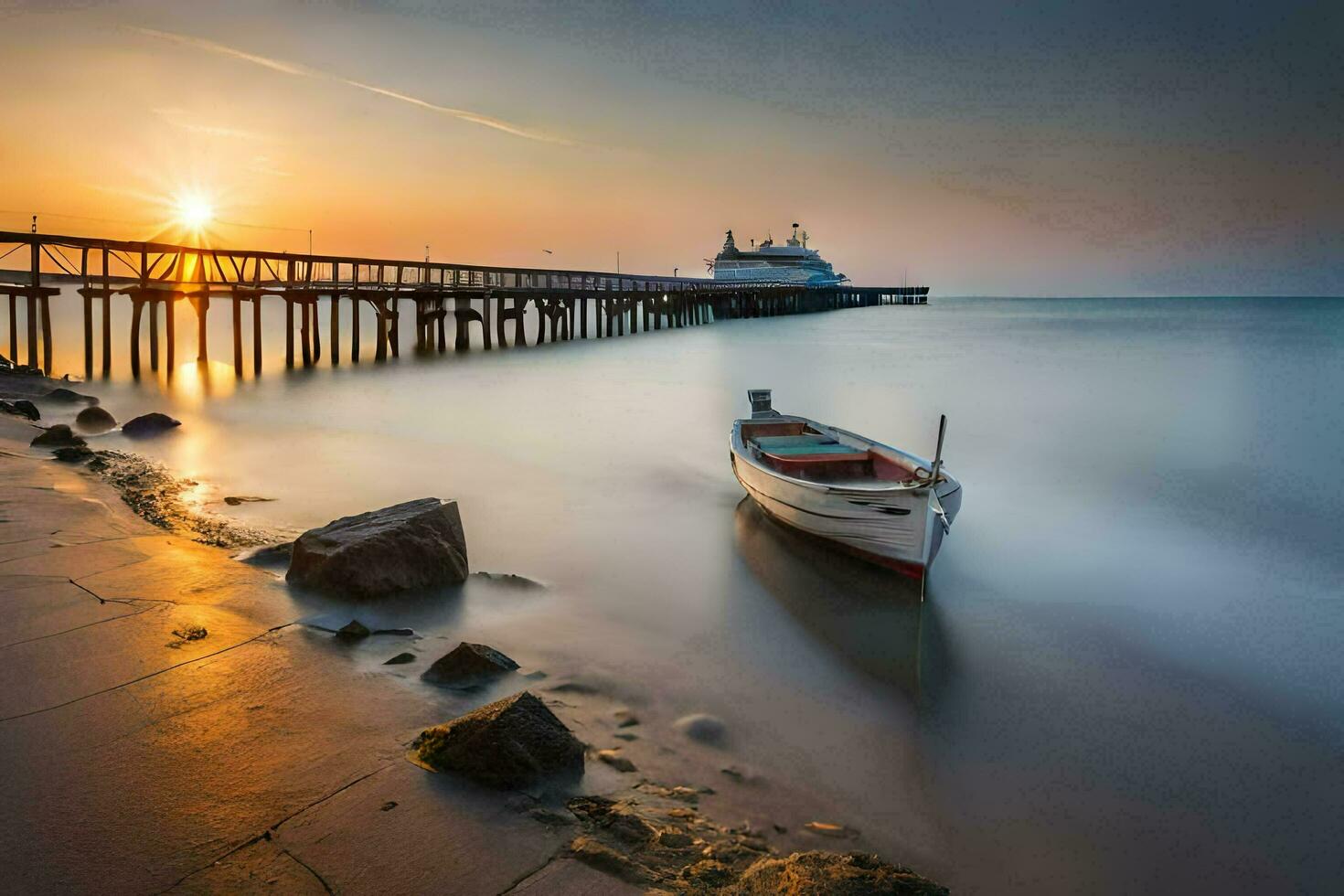 un' barca si siede su il spiaggia a tramonto. ai-generato foto