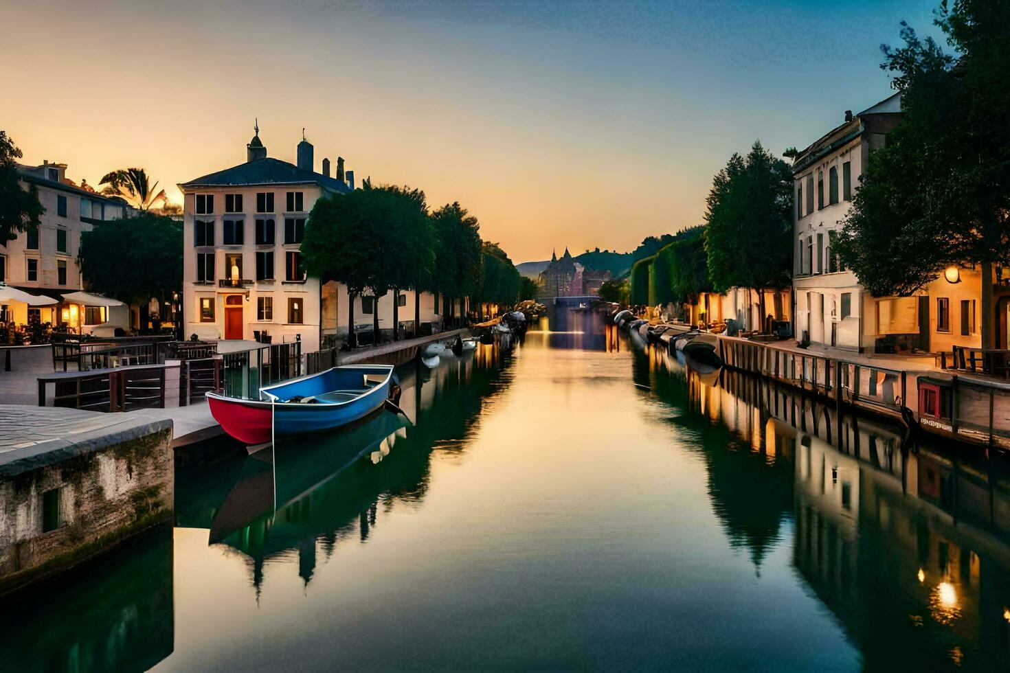 un' canale nel il mezzo di un' città a tramonto. ai-generato foto