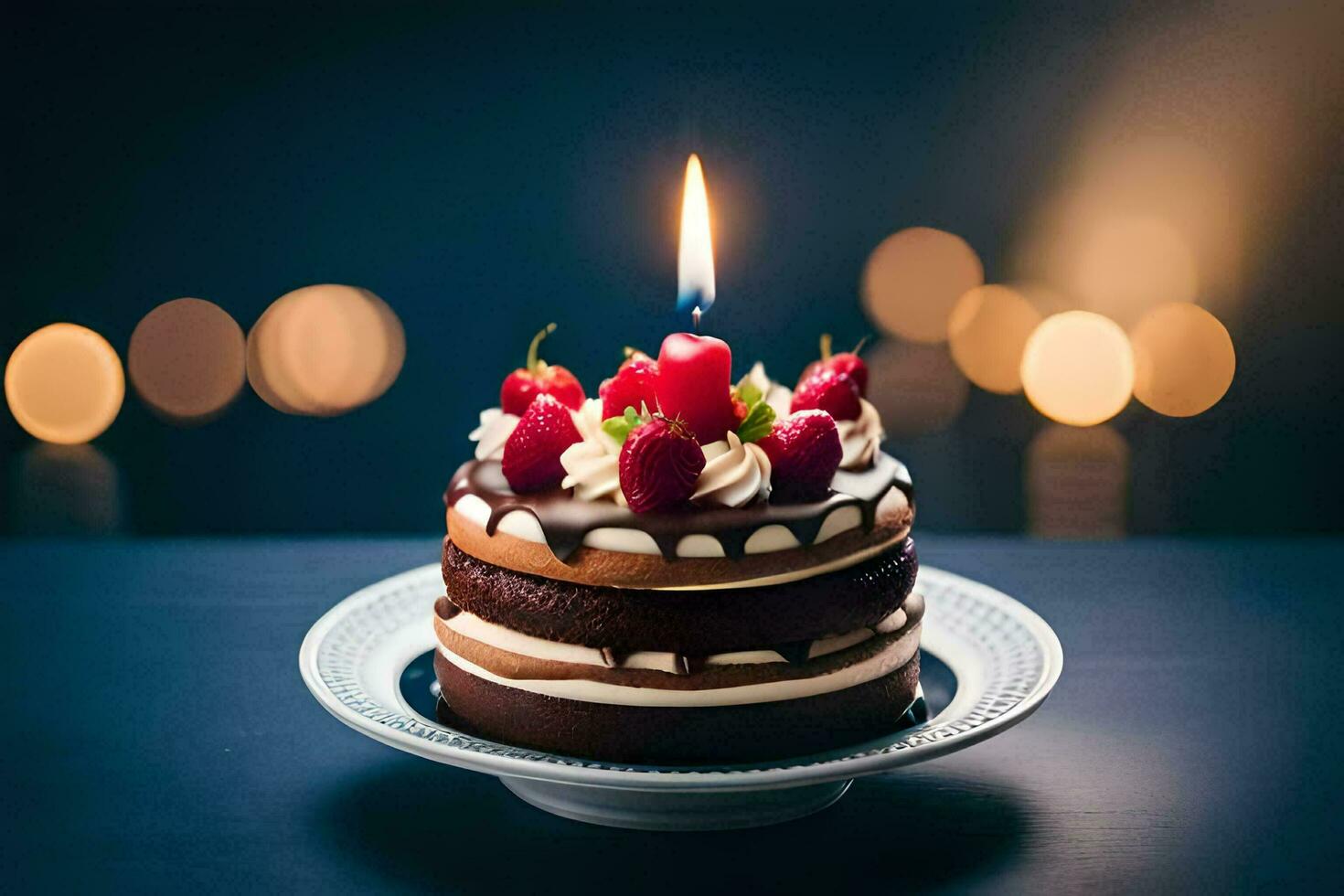 un' cioccolato torta con un' singolo candela su superiore. ai-generato foto