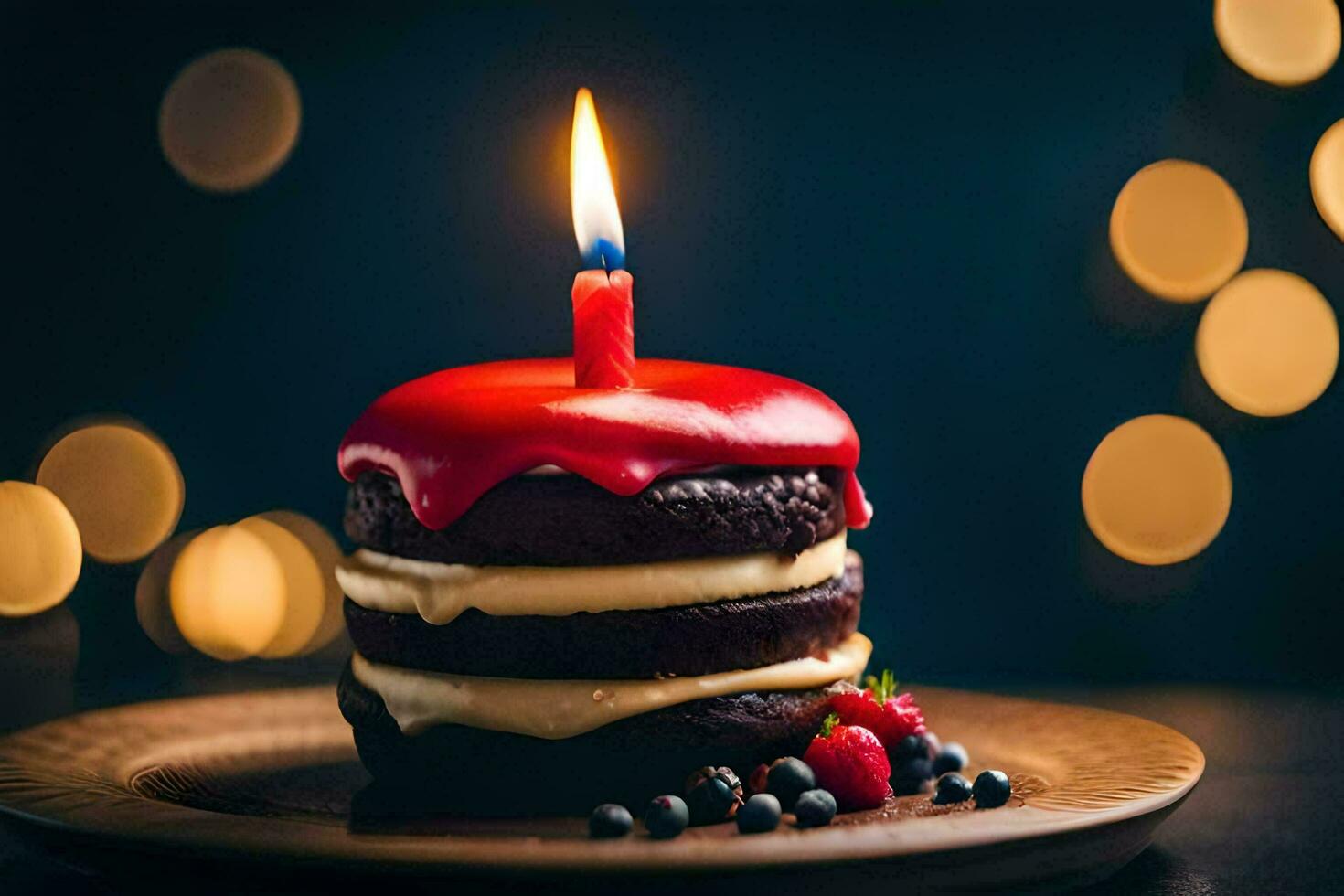 un' compleanno torta con un' illuminato candela. ai-generato foto