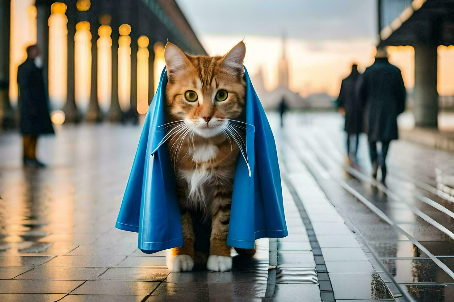 un' gatto indossare un' blu capo su un' marciapiede. ai-generato foto