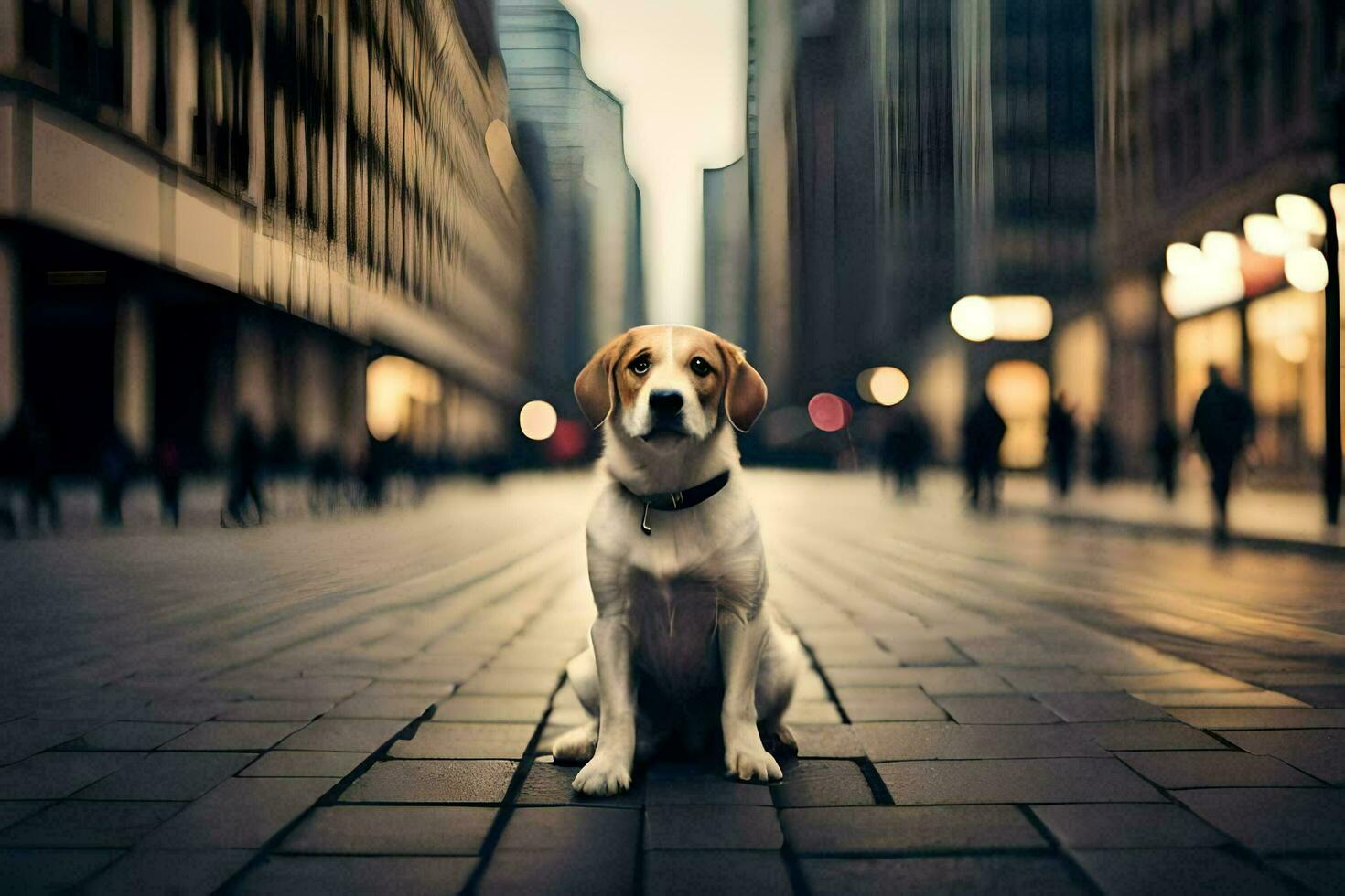 un' cane seduta su il strada nel un' città. ai-generato foto