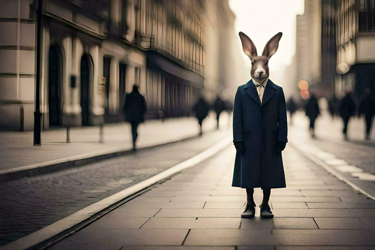 un' coniglio indossare un' cappotto e cravatta in piedi nel il mezzo di un' città strada. ai-generato foto