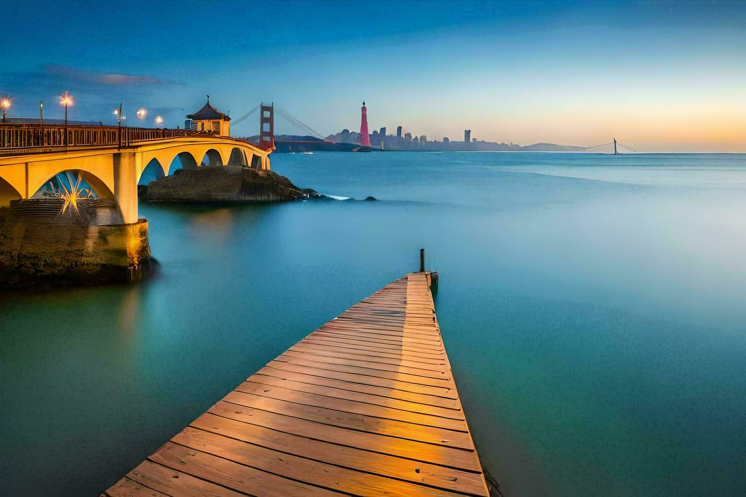 il d'oro cancello ponte a tramonto. ai-generato foto