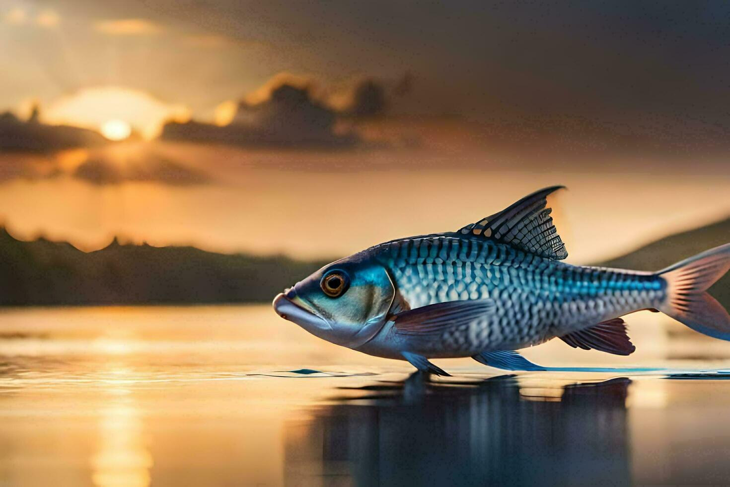 un' pesce è in piedi su il acqua a tramonto. ai-generato foto