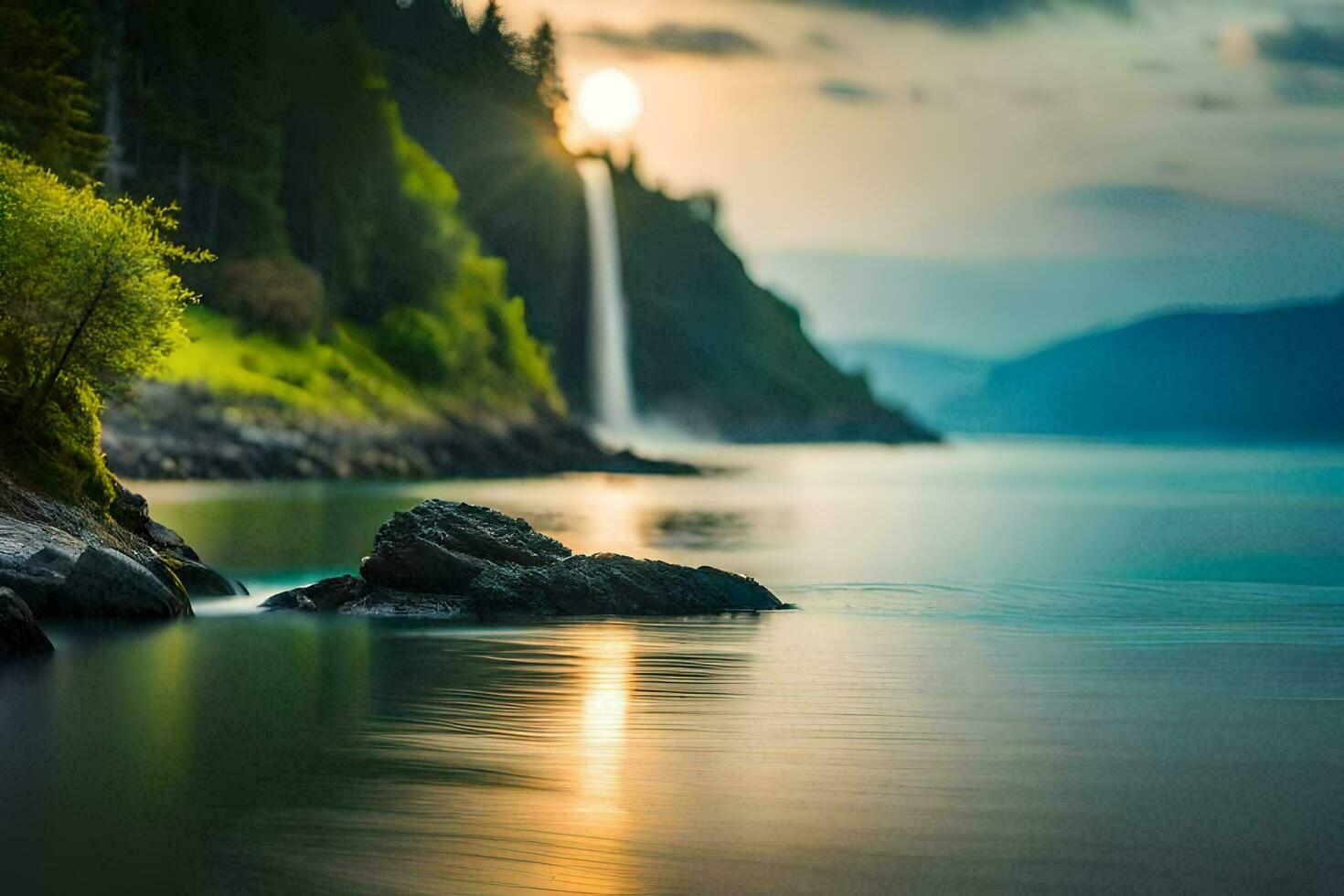 un' cascata nel il mezzo di un' lago a tramonto. ai-generato foto