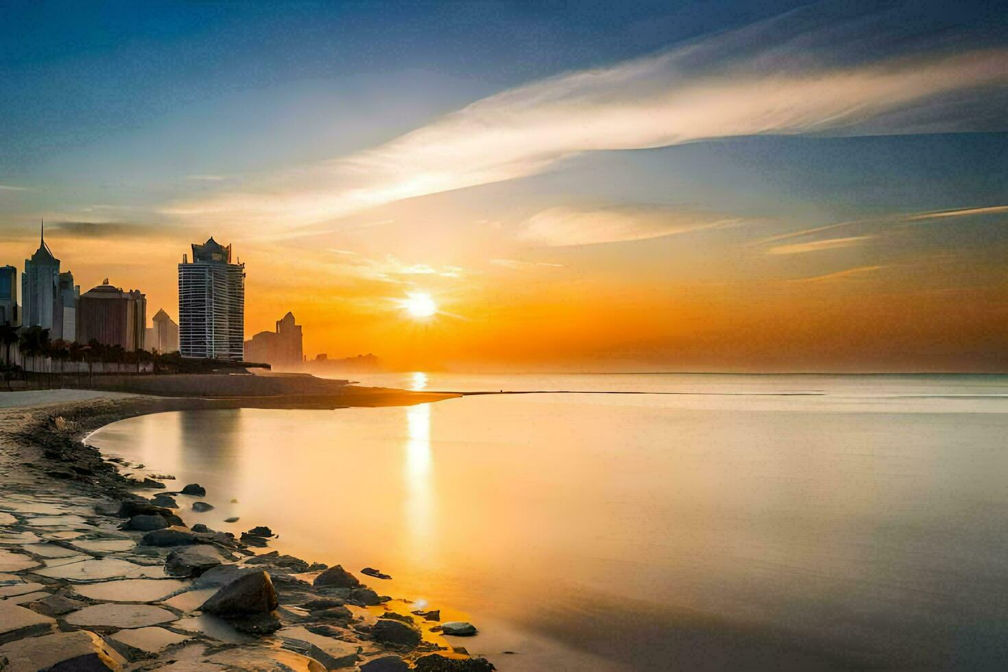 il sole sorge al di sopra di il città orizzonte nel dubai. ai-generato foto