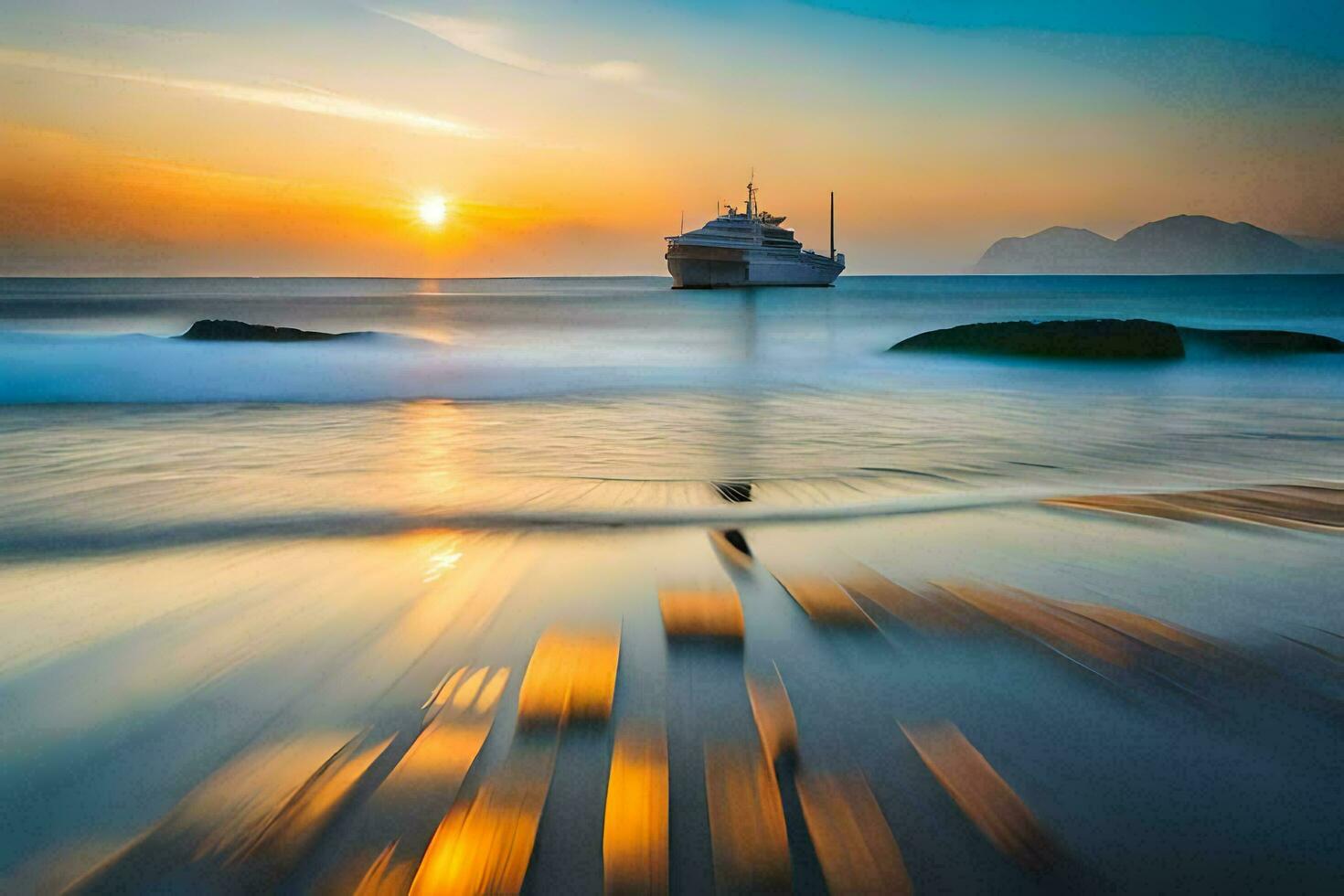 un' barca è nel il oceano a tramonto. ai-generato foto