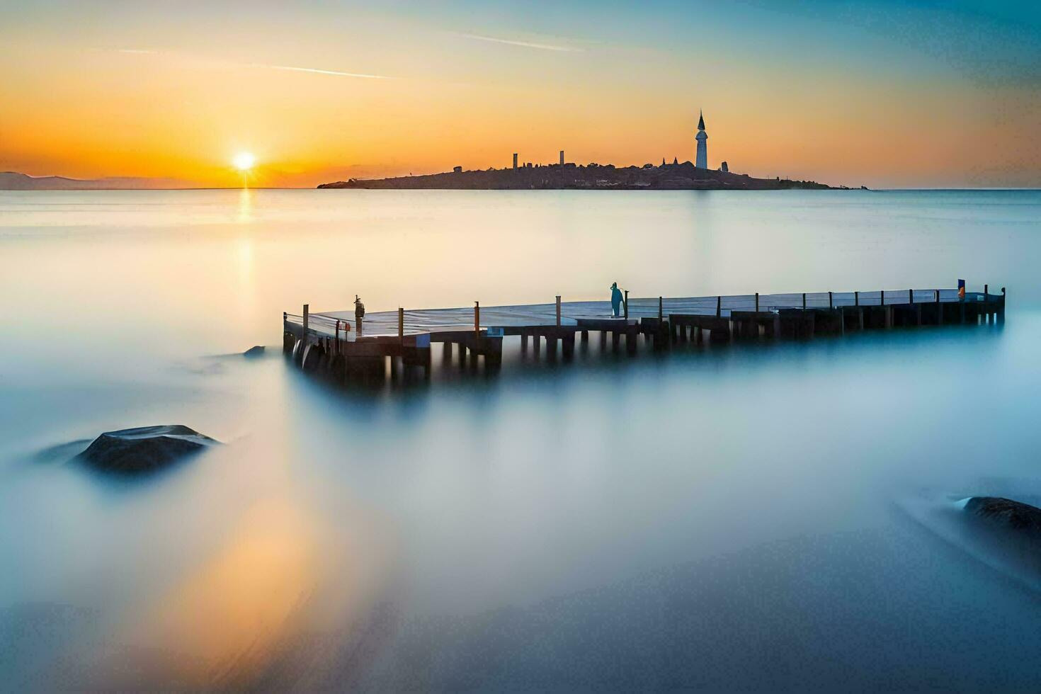 un' lungo esposizione fotografia di un' molo nel il acqua. ai-generato foto