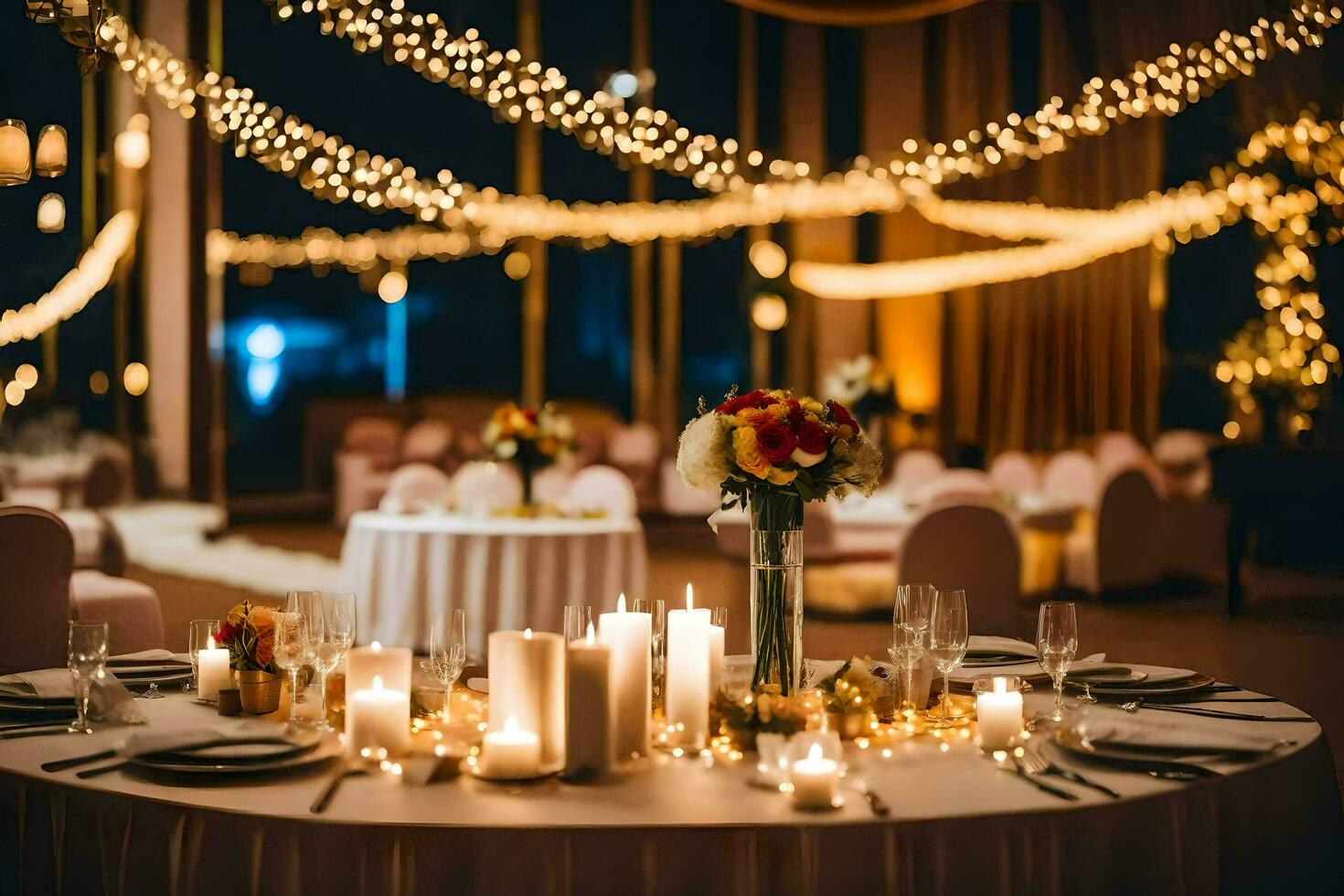 un' nozze ricezione tavolo con candele e luci. ai-generato foto