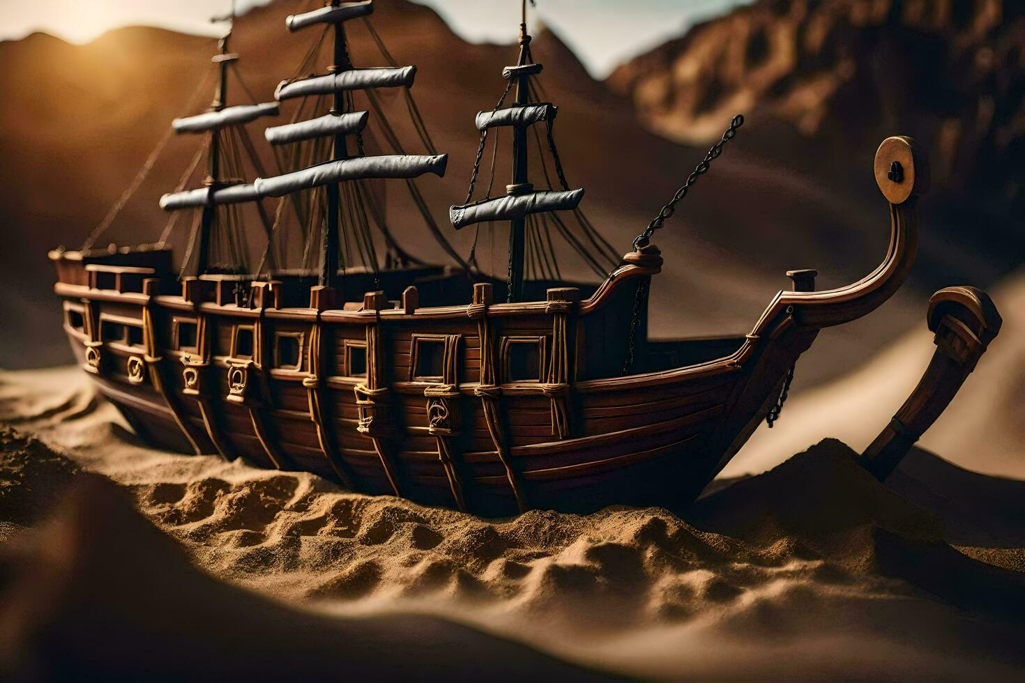 un' modello di un' nave nel il deserto. ai-generato foto