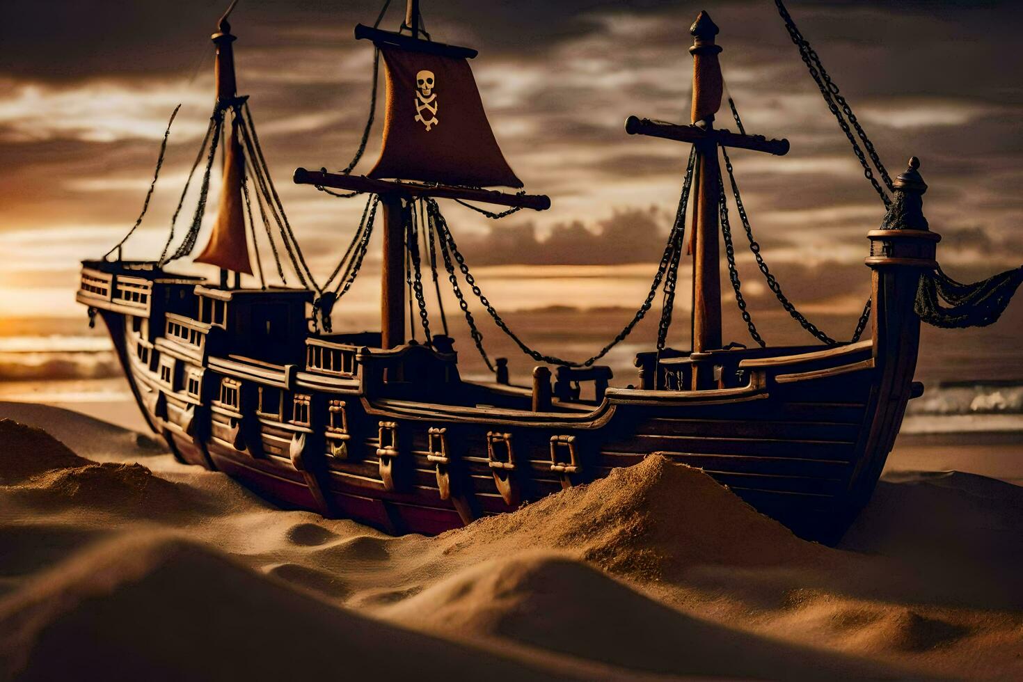 un' Lego nave su il spiaggia a tramonto. ai-generato foto