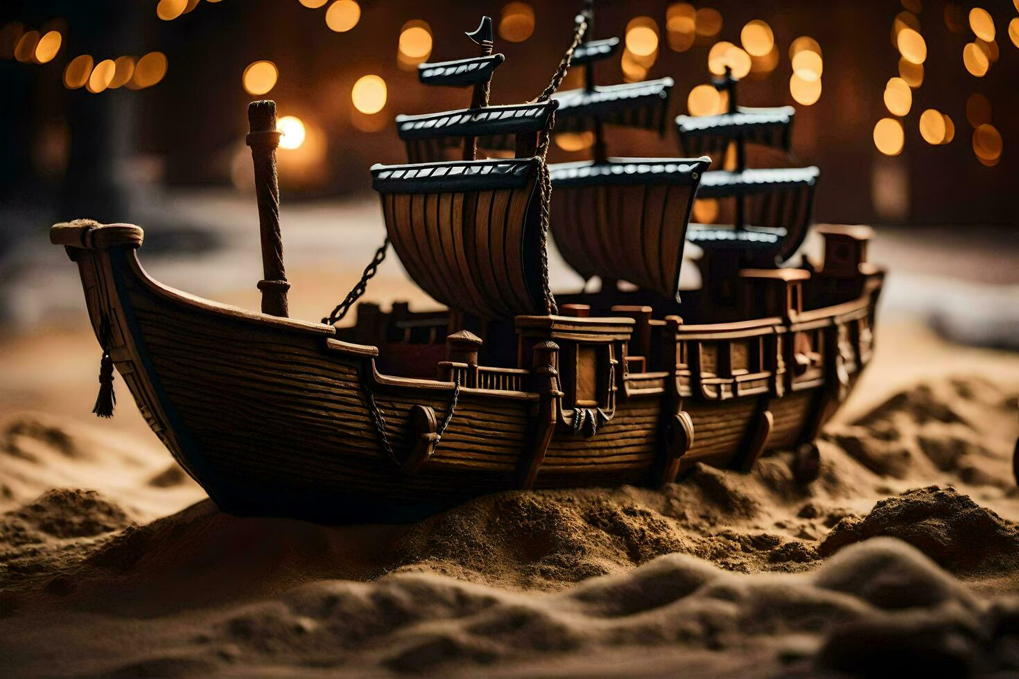 un' modello nave è seduta su il sabbia. ai-generato foto
