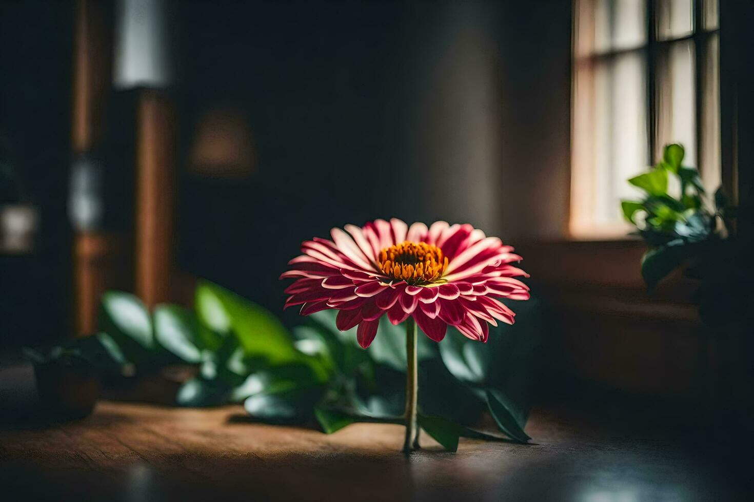 un' singolo rosa fiore si siede su un' di legno tavolo. ai-generato foto