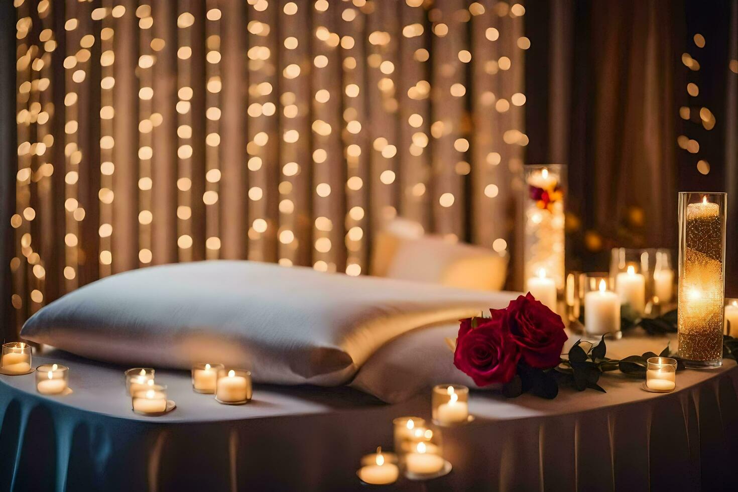 un' nozze letto con candele e un' rosa. ai-generato foto