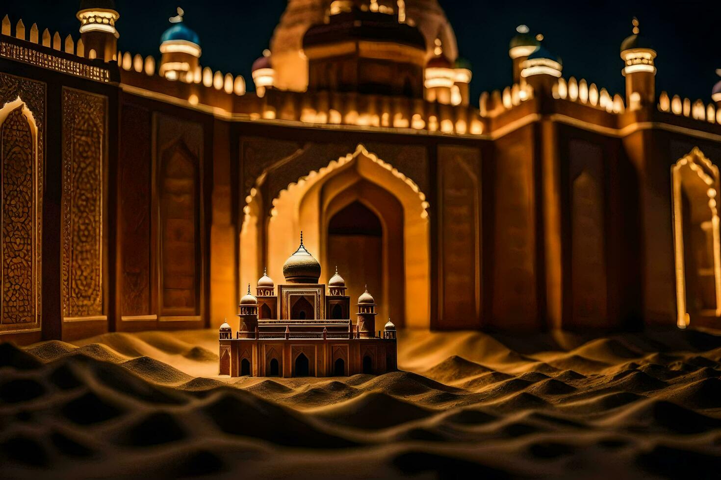 un' modello di un' moschea nel il deserto. ai-generato foto