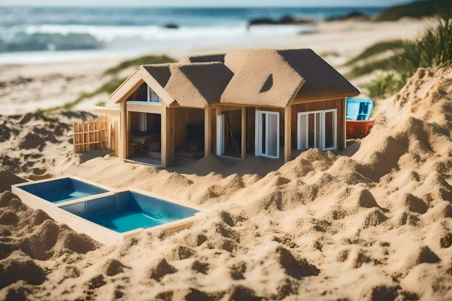 un' miniatura Casa su il spiaggia con un' piscina. ai-generato foto