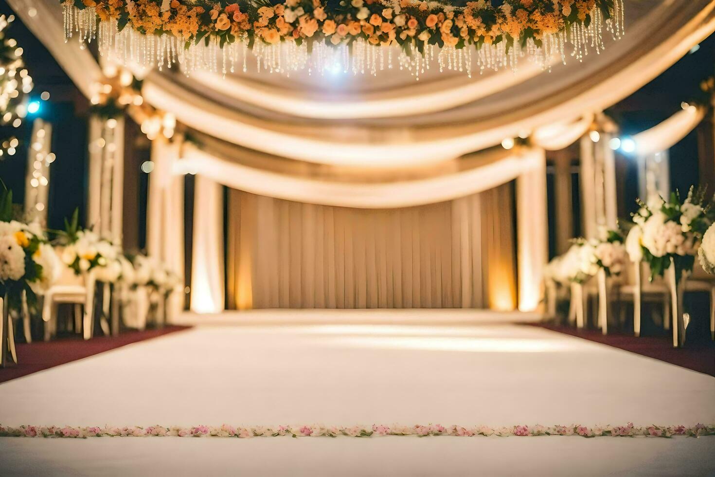 un' nozze cerimonia con un' lungo corridoio e fiori. ai-generato foto