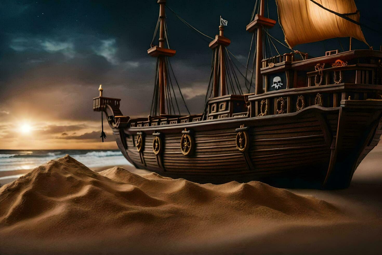 un' pirata nave su il spiaggia a notte. ai-generato foto