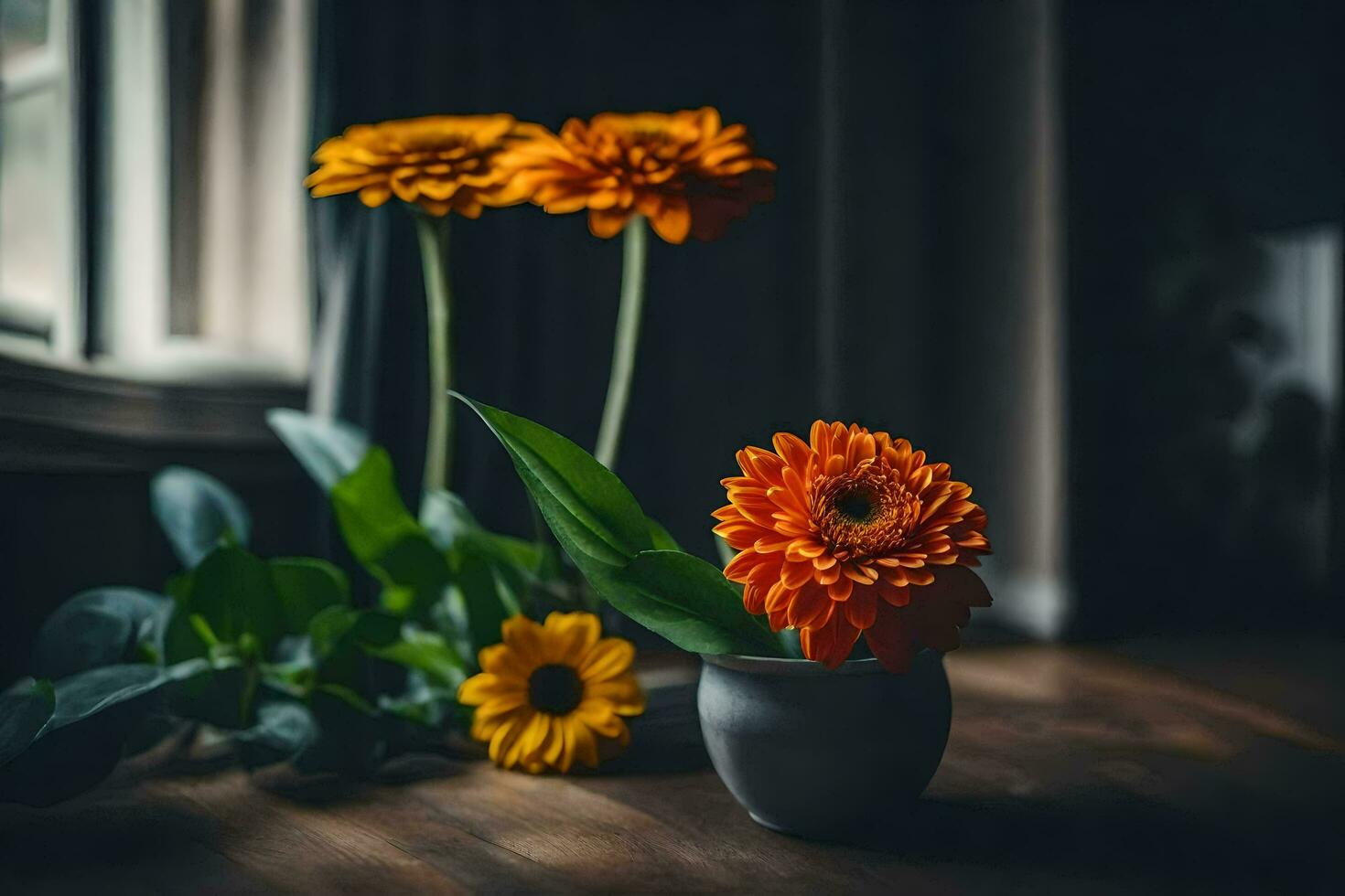 arancia fiori nel un' vaso su un' tavolo. ai-generato foto