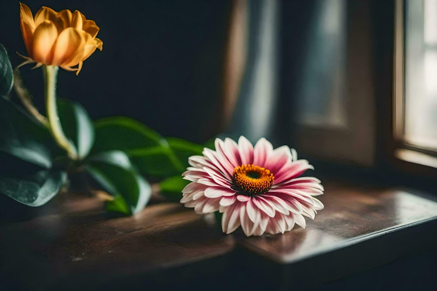 Due fiori seduta su un' tavolo vicino un' finestra. ai-generato foto
