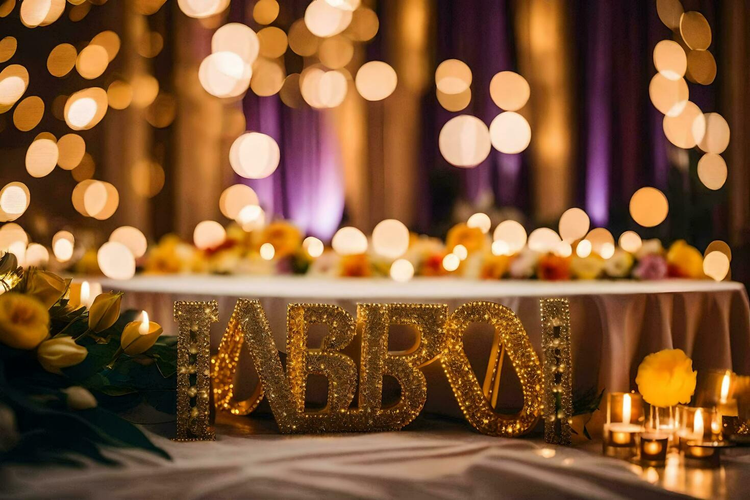 nozze ricezione tavolo con oro lettere e candele. ai-generato foto