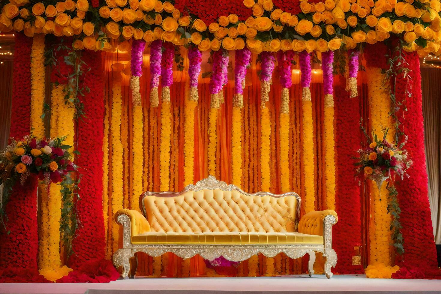 un' palcoscenico decorato con fiori e un' giallo divano. ai-generato foto