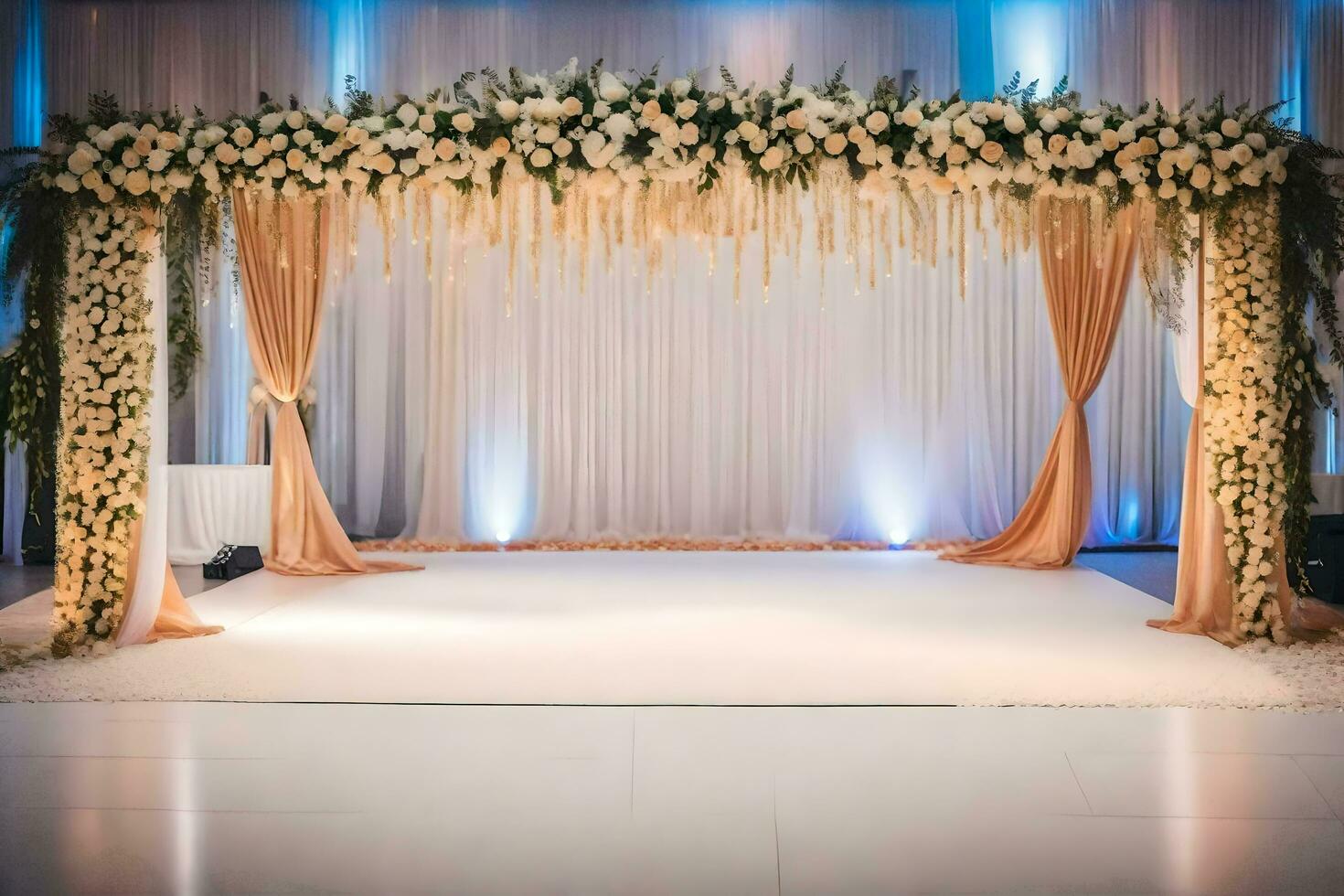 un elegante nozze palcoscenico con fiori e tende. ai-generato foto