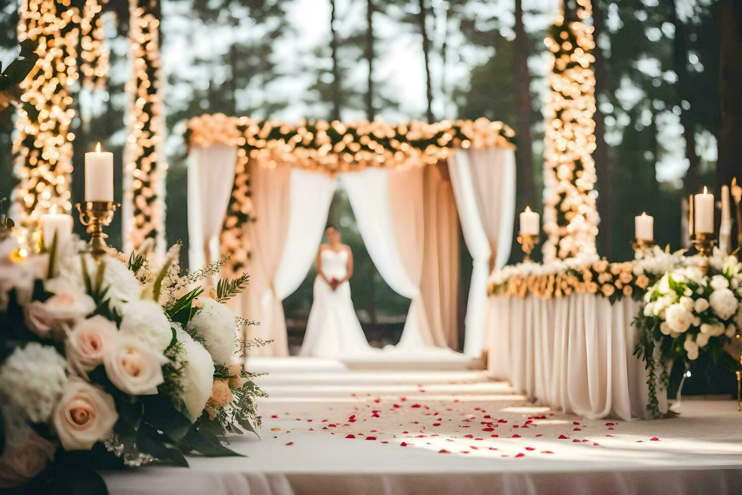 un' nozze cerimonia nel il boschi con fiori e candele. ai-generato foto