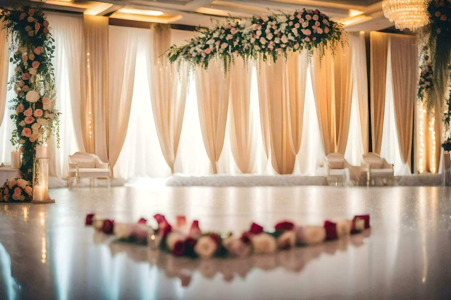 un' nozze cerimonia con fiori e un' cuore sagomato tavolo. ai-generato foto
