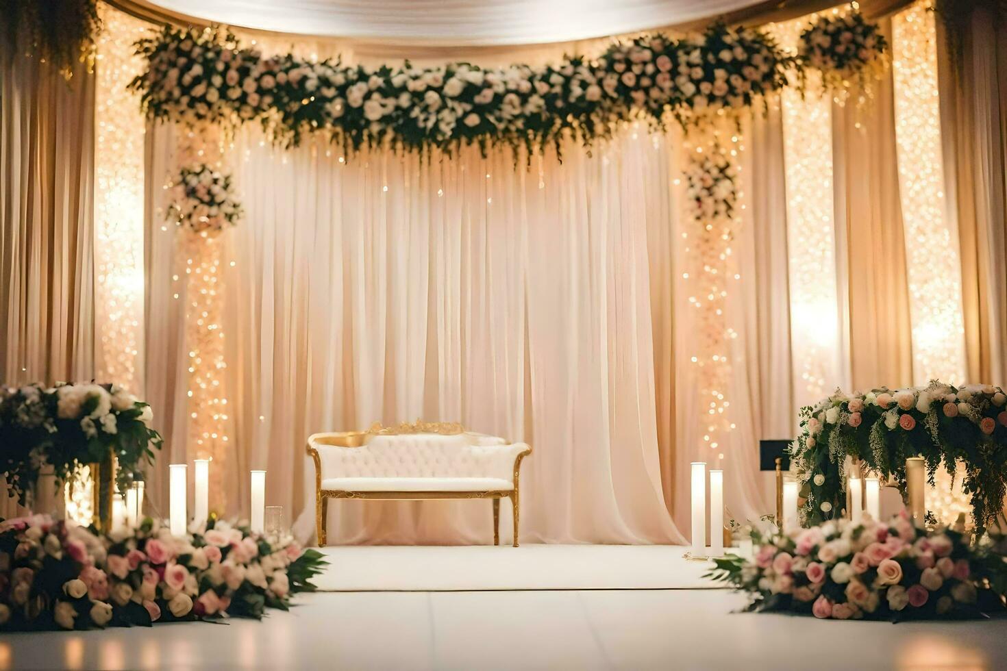 un' nozze cerimonia con un' bianca sedia e fiori. ai-generato foto