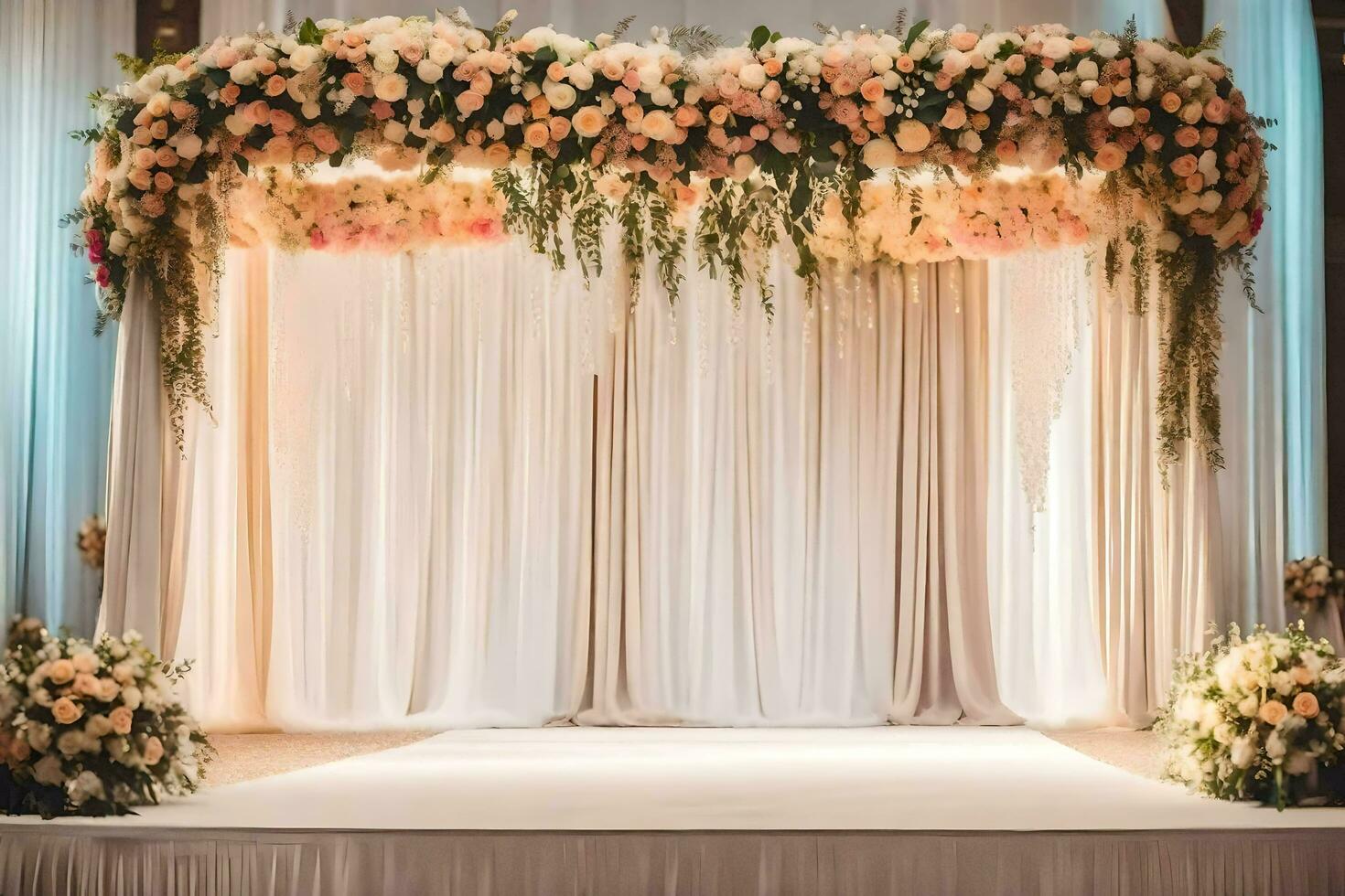 un' nozze cerimonia con un' floreale arco. ai-generato foto