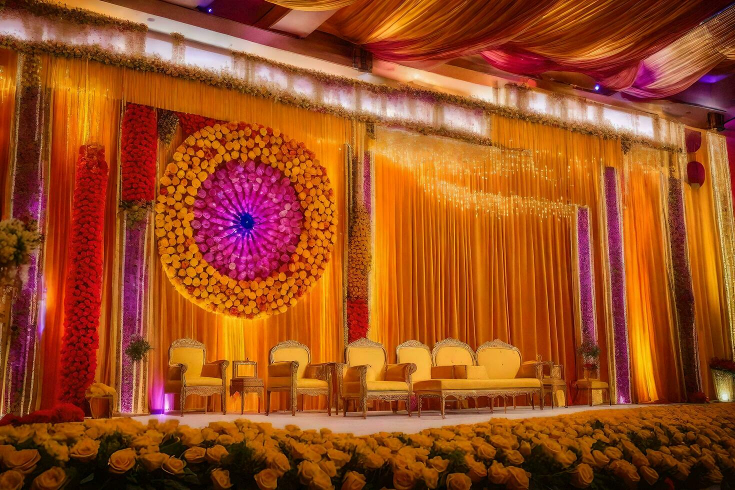 un' palcoscenico decorato con giallo e viola fiori. ai-generato foto