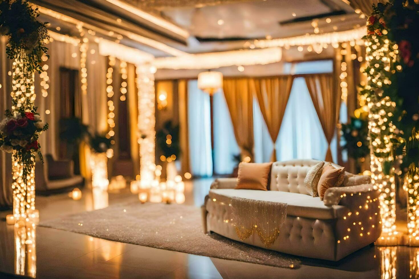 un' nozze ricezione camera decorato con Fata luci. ai-generato foto