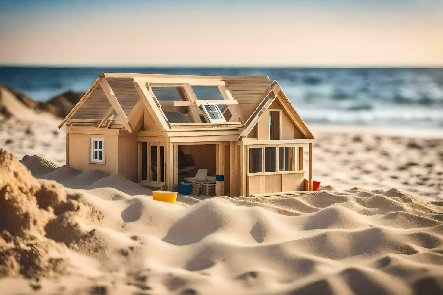 un' miniatura di legno Casa su il spiaggia. ai-generato foto